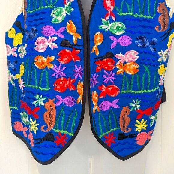 VTG Embroidered Fish Vest Maximalist Whimsical Rainbowcore Animal Print Sea L - Picture 4 of 8